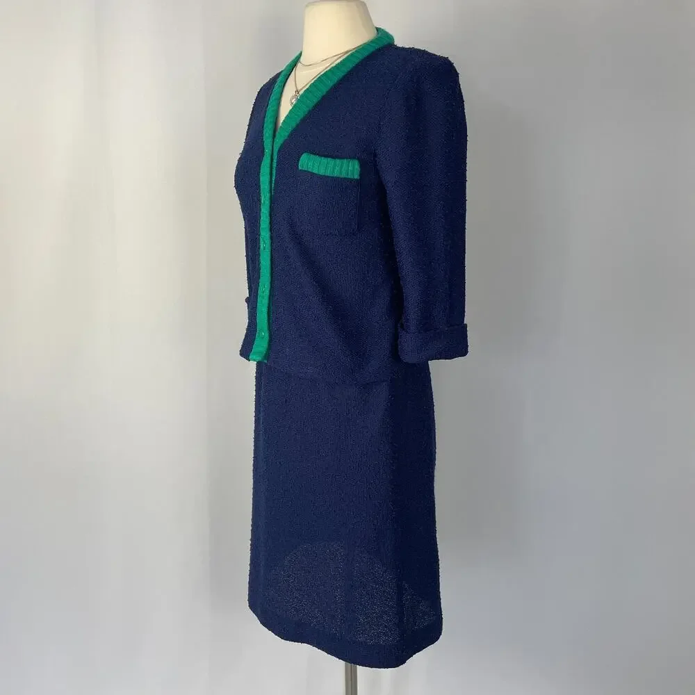 Vintage Skirt Set Size Small Navy Blue Knit Cardigan Retro Minimal Academia Twee